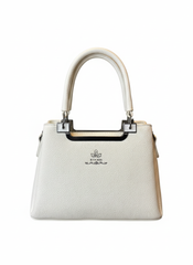 Elegant White Textured Handbag with Metal Handle Accent