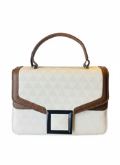Classic White & Brown Handbag with Geometric Buckle