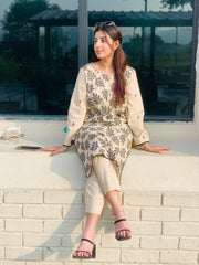 Beige Printed Suit with Black Leaf Motifs Two Piece