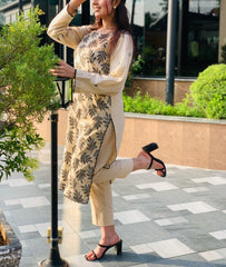 Beige Printed Suit with Black Leaf Motifs Two Piece