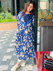 Blue Floral Printed Maxi Dress One Piece