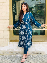Teal Blue Floral Printed Suit Two Piece