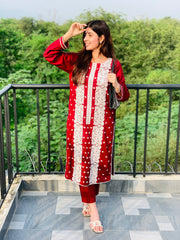 Red Embroidered Suit with White Detailing Two Piece