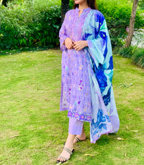 Lavender Printed Suit with Embroidery Three Piece