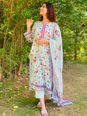 Light Green Floral Printed Suit with Dupatta Three Piece