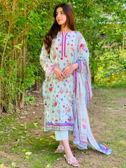 Light Green Floral Printed Suit with Dupatta Three Piece