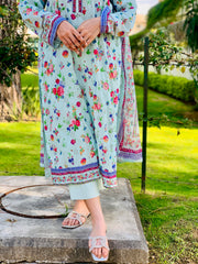 Light Green Floral Printed Suit with Dupatta Three Piece