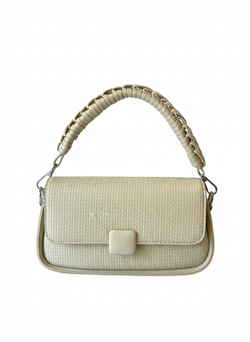 Beige Textured Shoulder Bag with Braided Handle