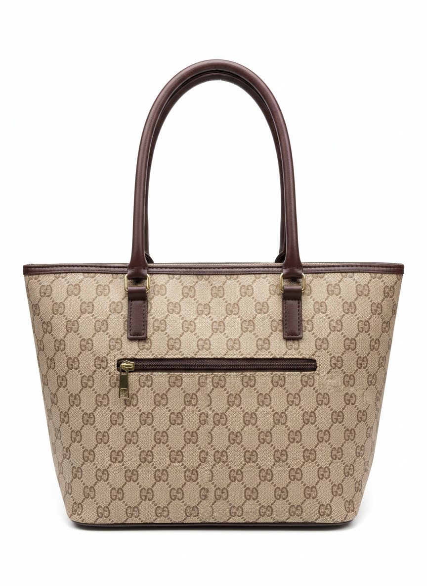 Designer Monogram Tote Bag with Brown Leather Trim