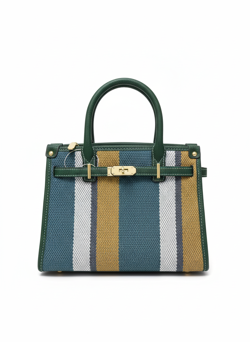 Striped Canvas Tote Bag with Green Leather Trim and Gold Hardware