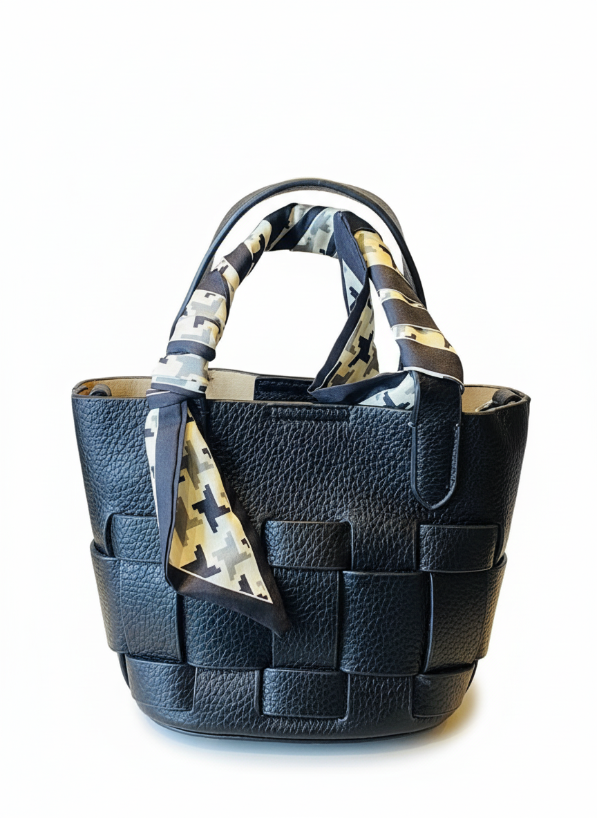 Elegant Black Woven Tote Bag with Printed Scarf Handle