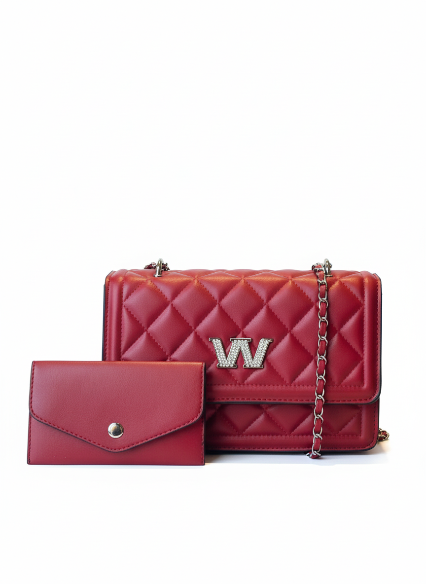 Luxury Red Quilted Shoulder Bag with Matching Wallet