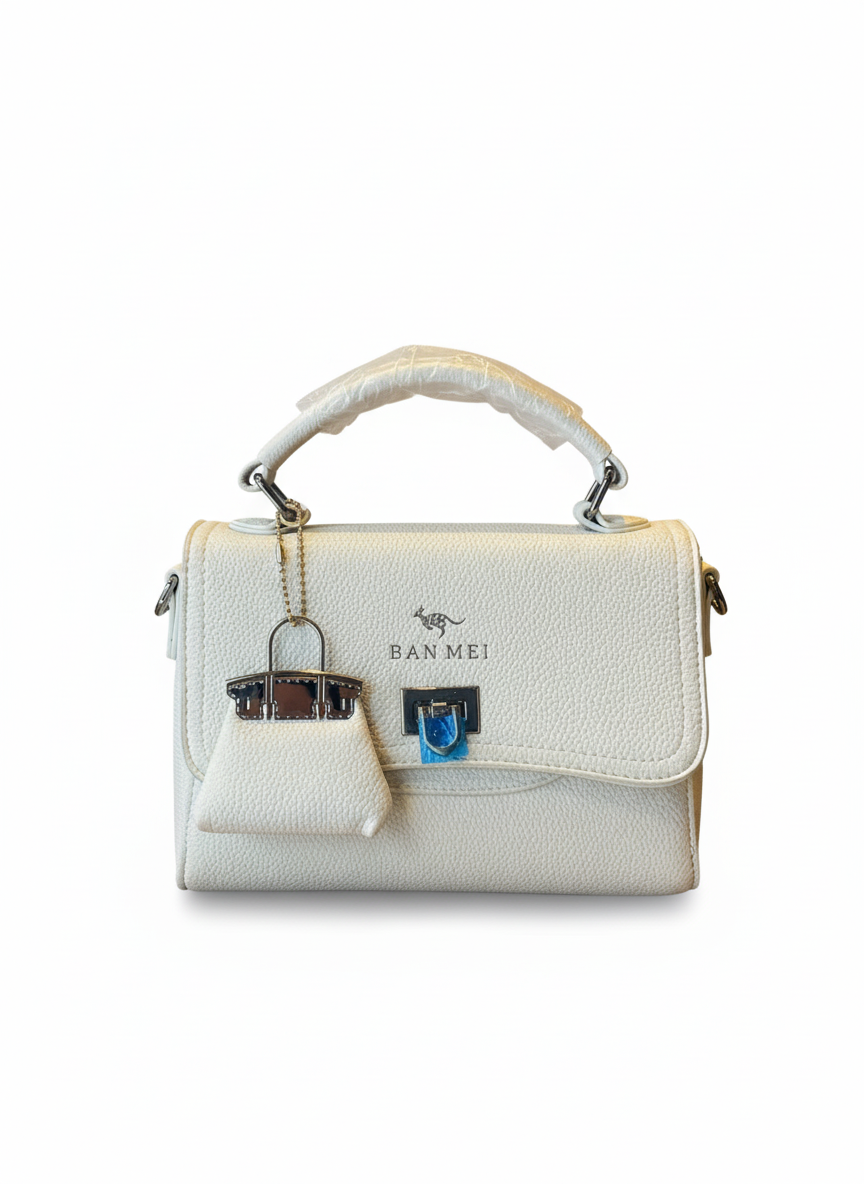 White Leather Top Handle Bag with Mini Charm