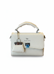 White Leather Top Handle Bag with Mini Charm