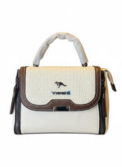 White & Brown Textured Leather Handbag – Elegant Top Handle Bag