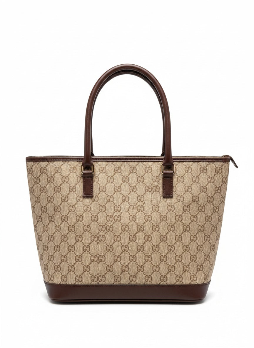 Designer Monogram Tote Bag with Brown Leather Trim