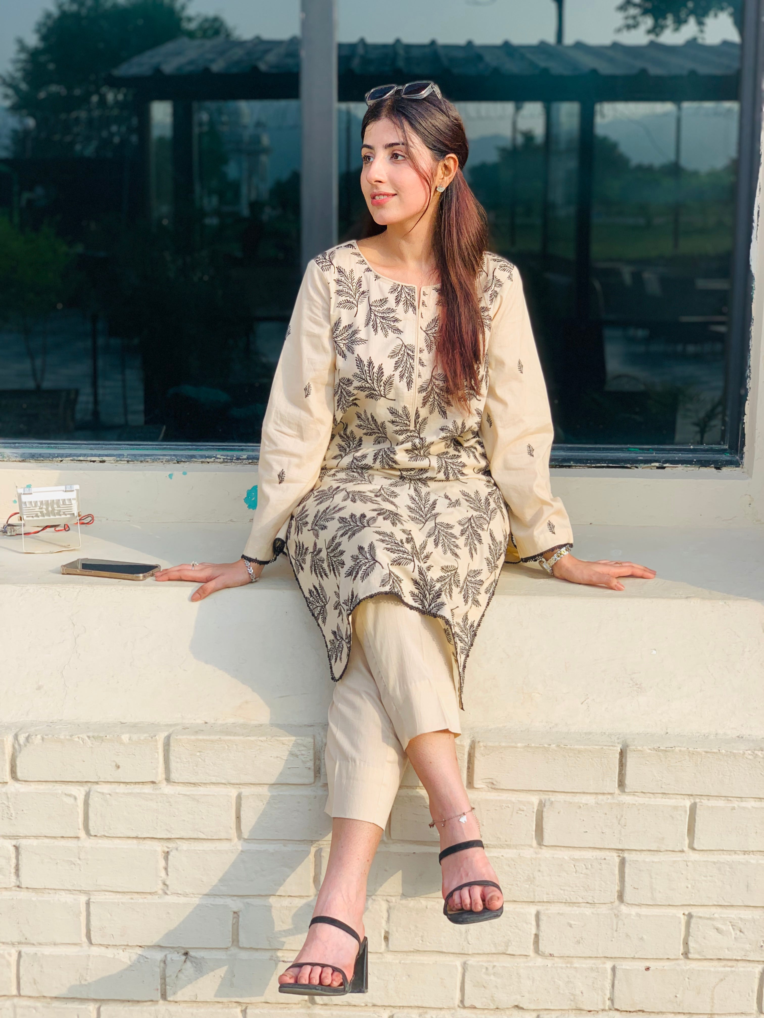 Beige Printed Suit with Black Leaf Motifs