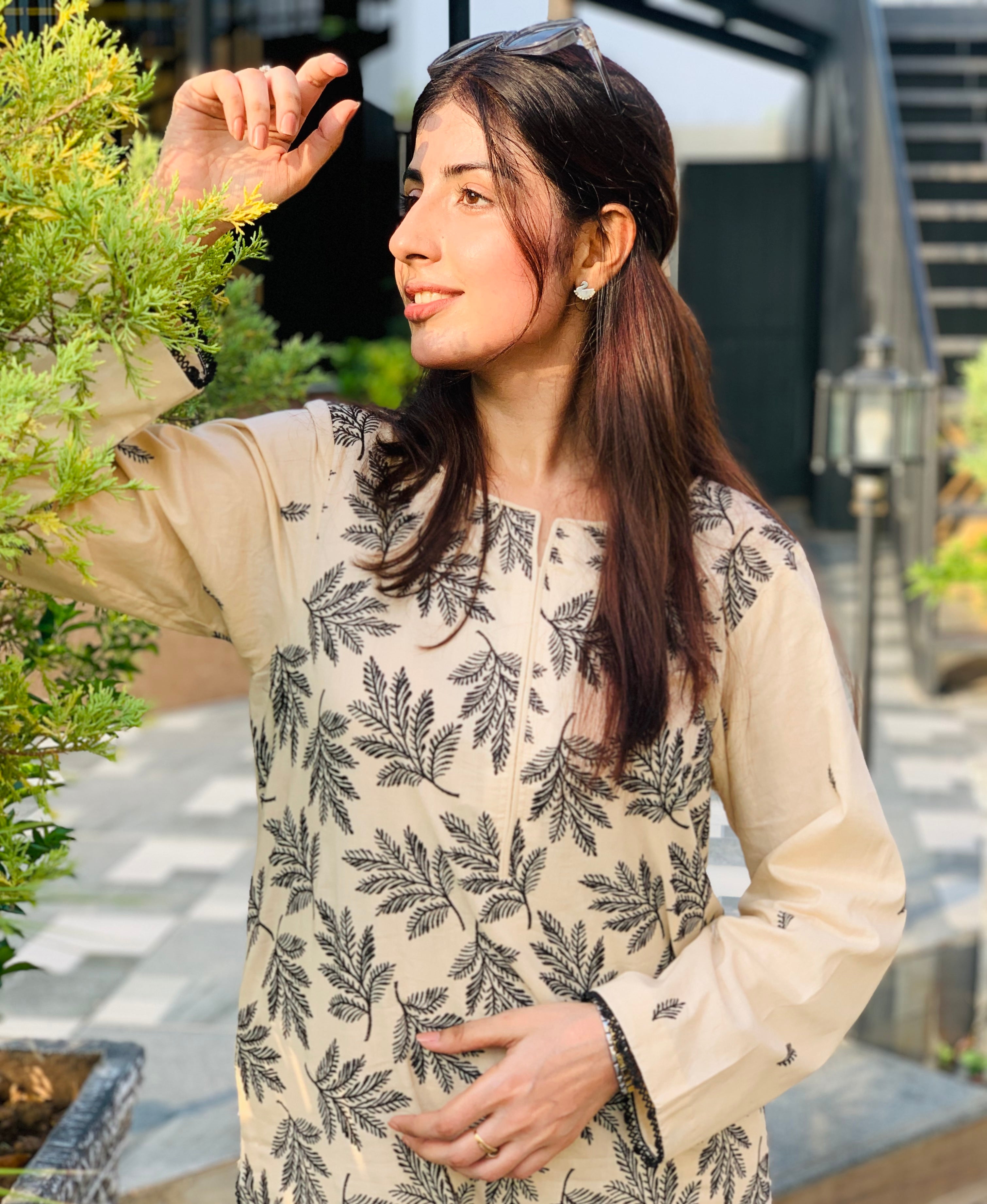 Beige Printed Suit with Black Leaf Motifs