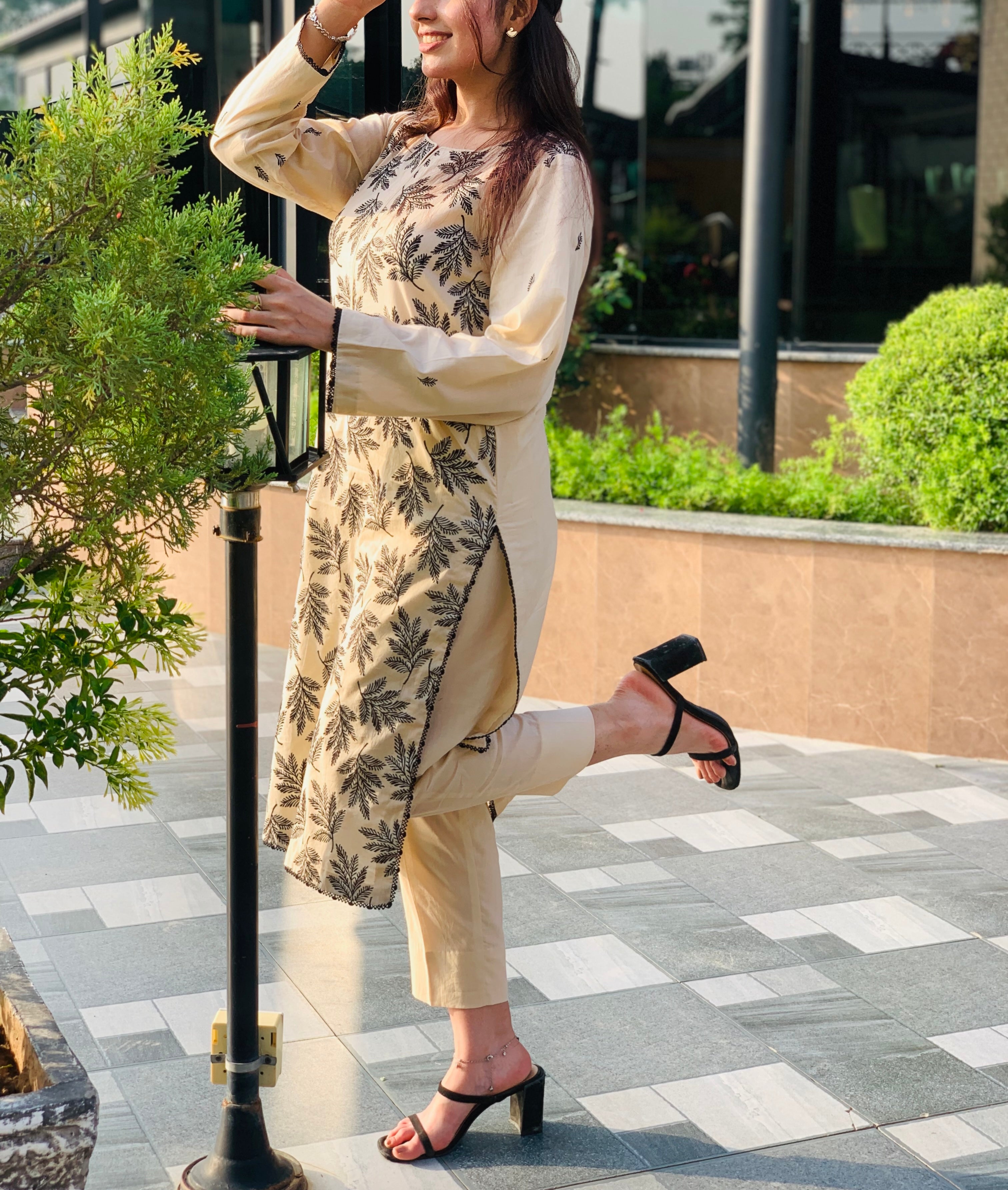 Beige Printed Suit with Black Leaf Motifs