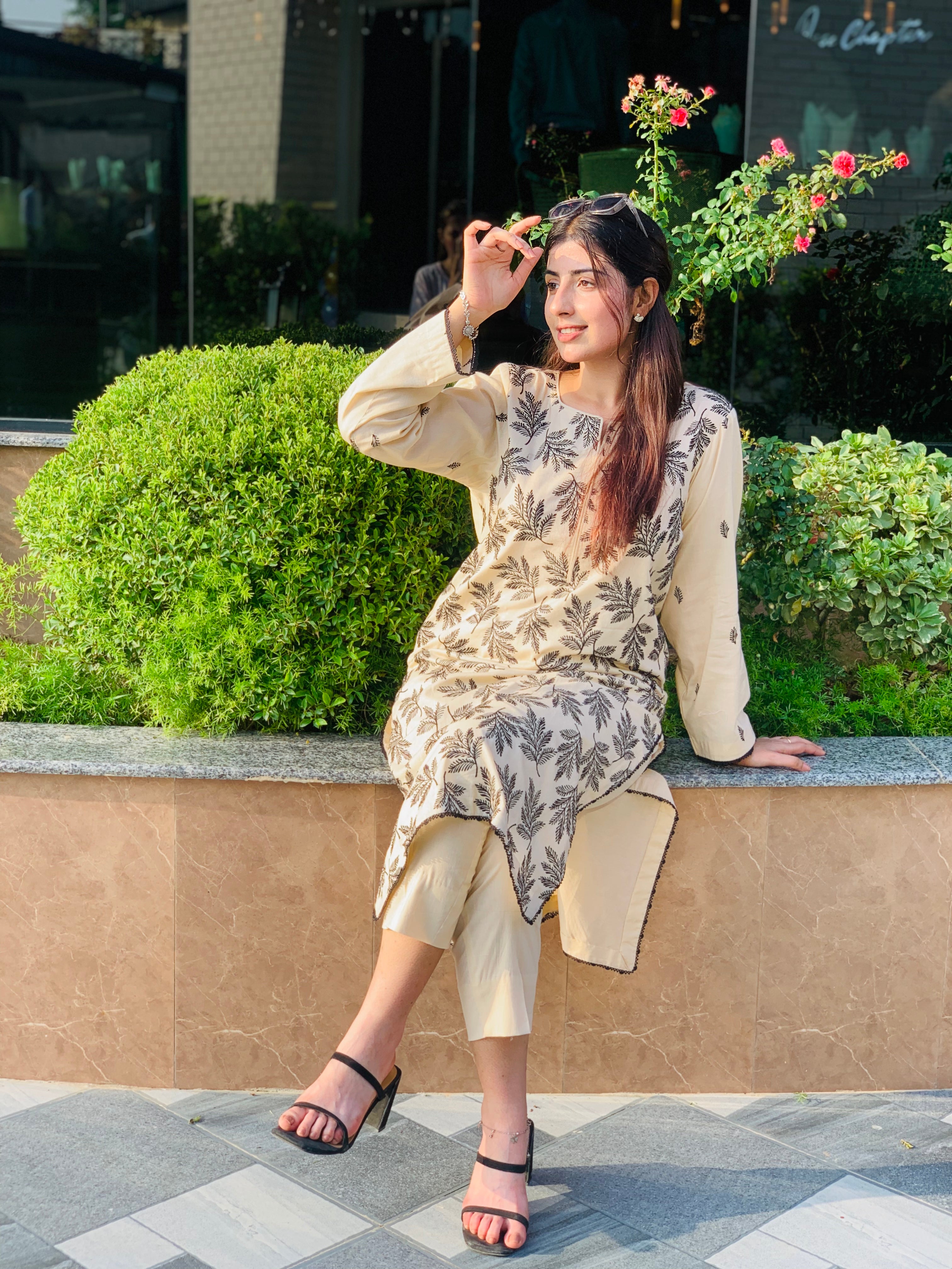Beige Printed Suit with Black Leaf Motifs