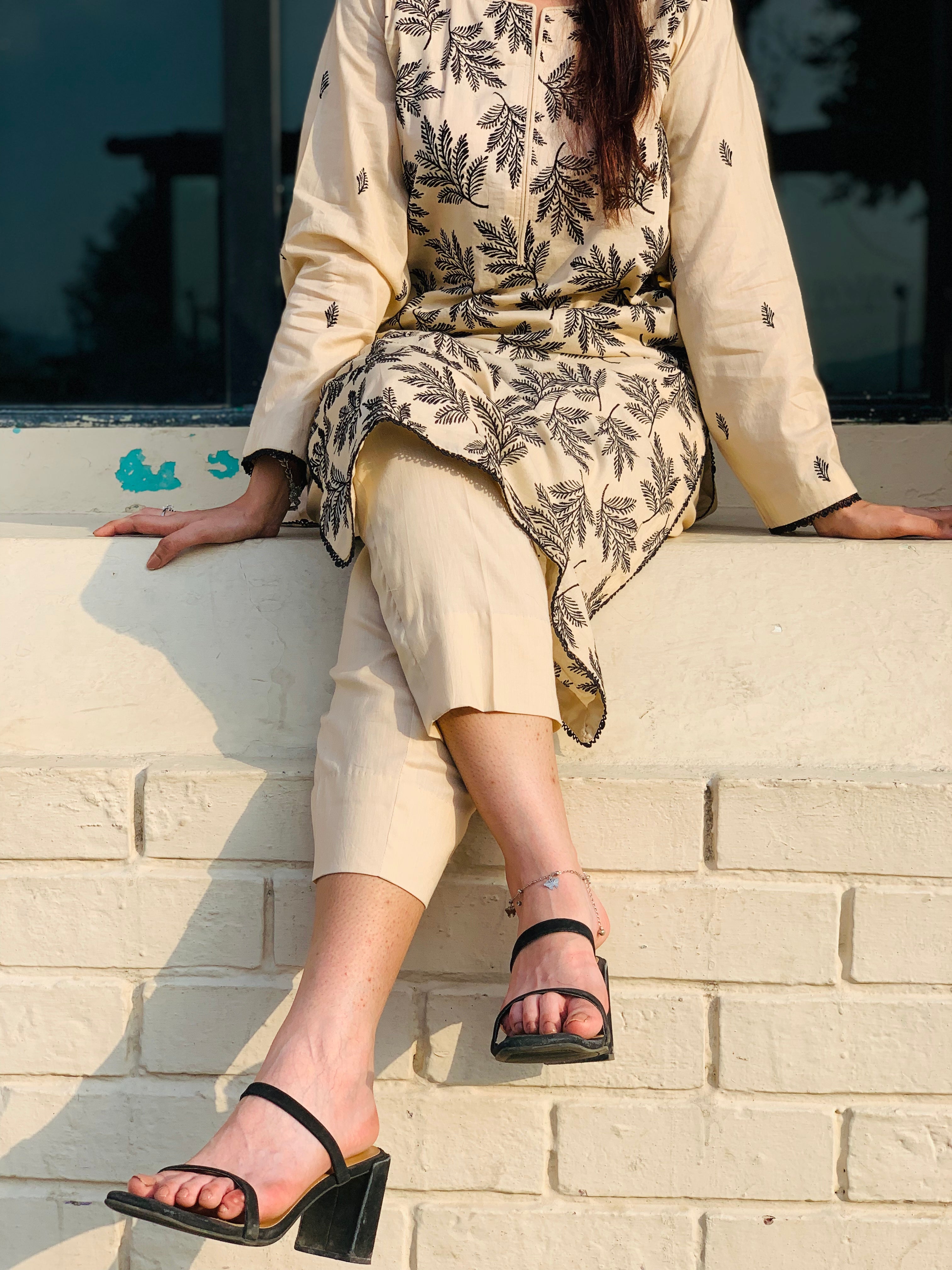 Beige Printed Suit with Black Leaf Motifs