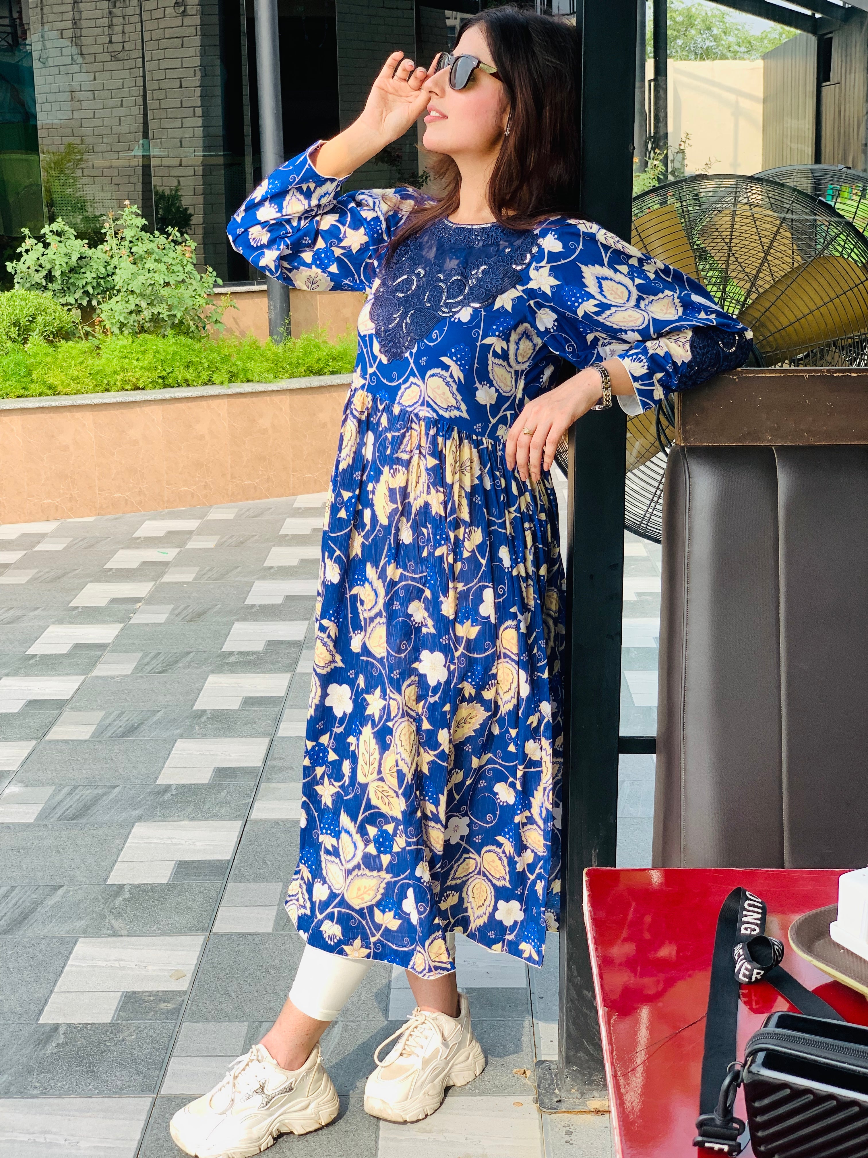 Blue Floral Printed Maxi Dress One Piece
