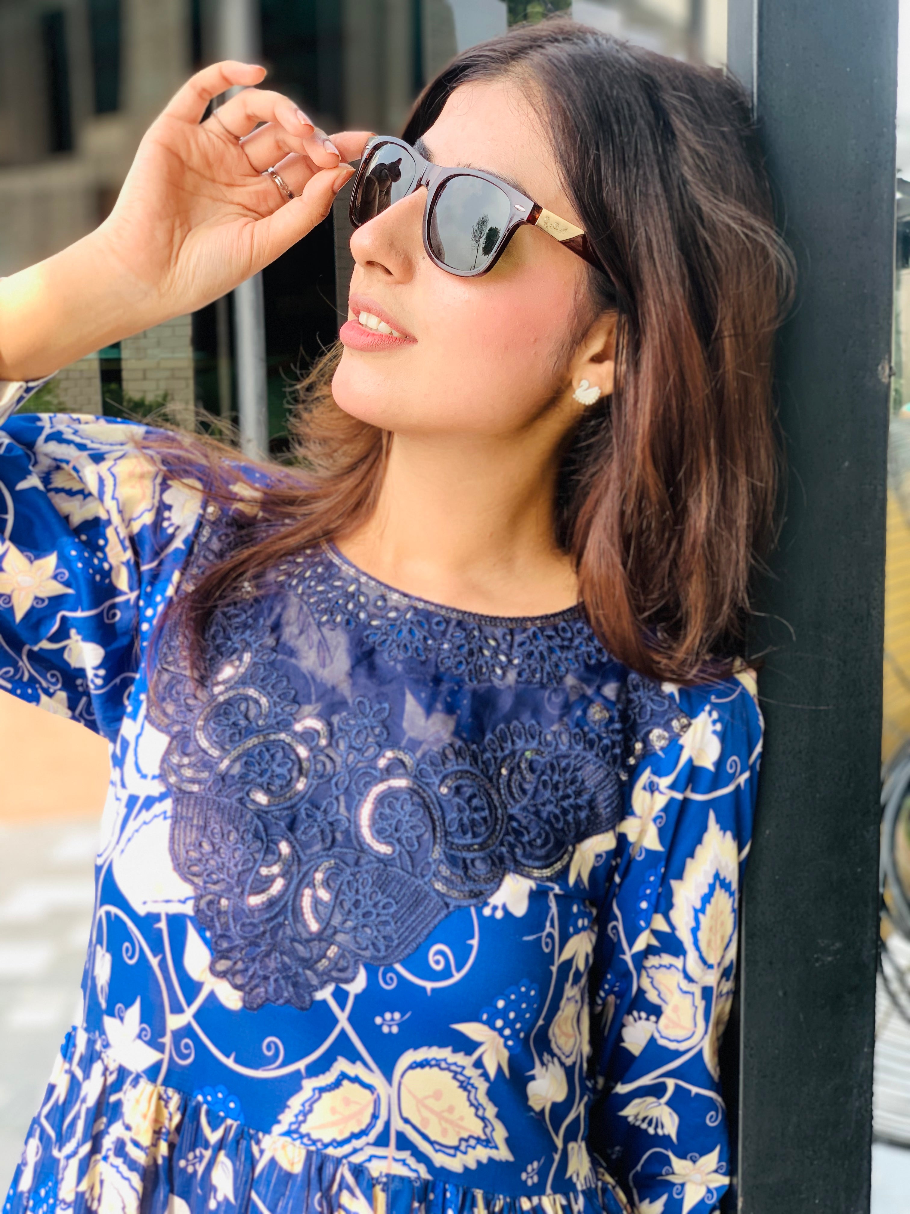 Blue Floral Printed Maxi Dress One Piece