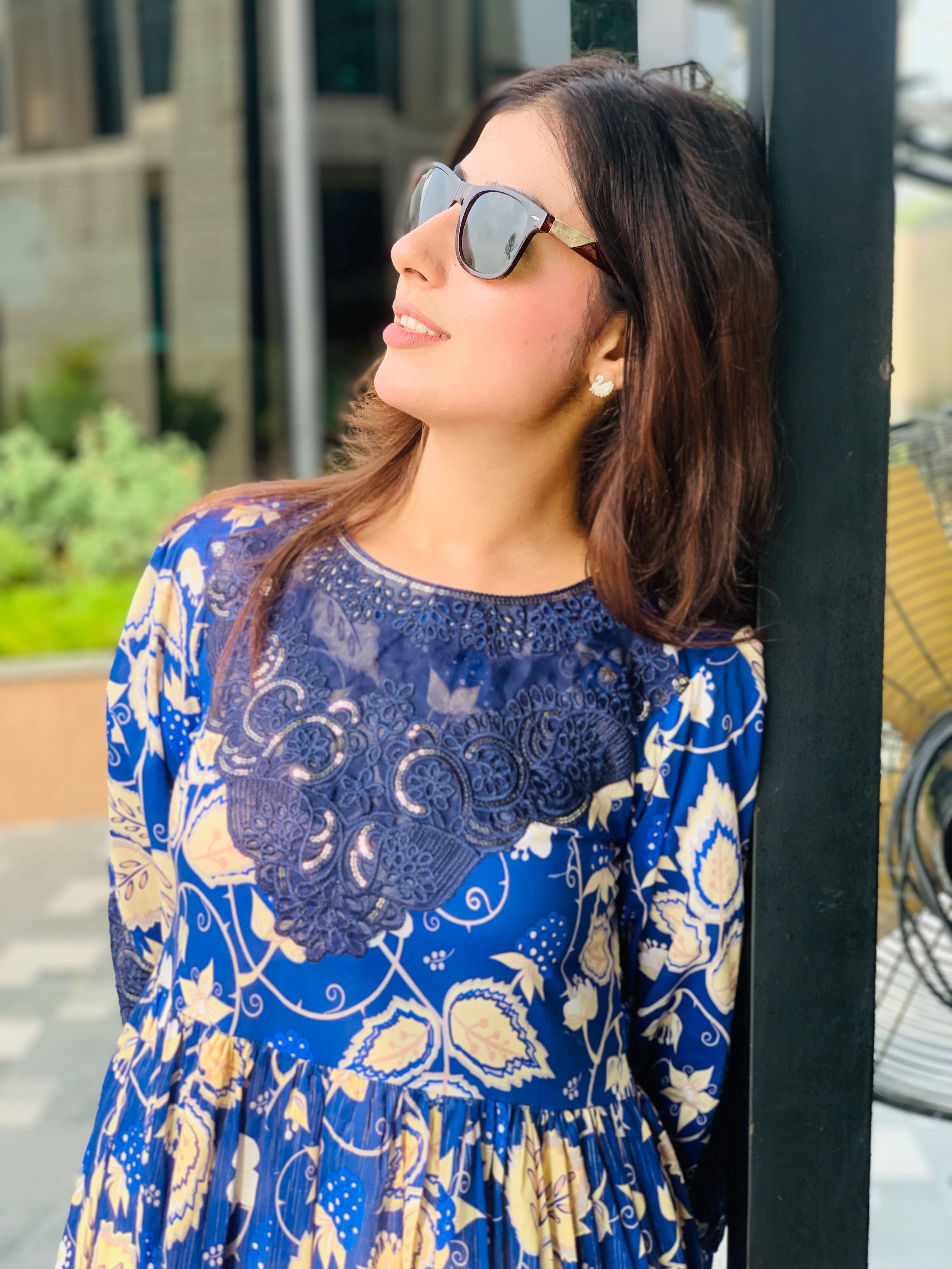 Blue Floral Printed Maxi Dress One Piece