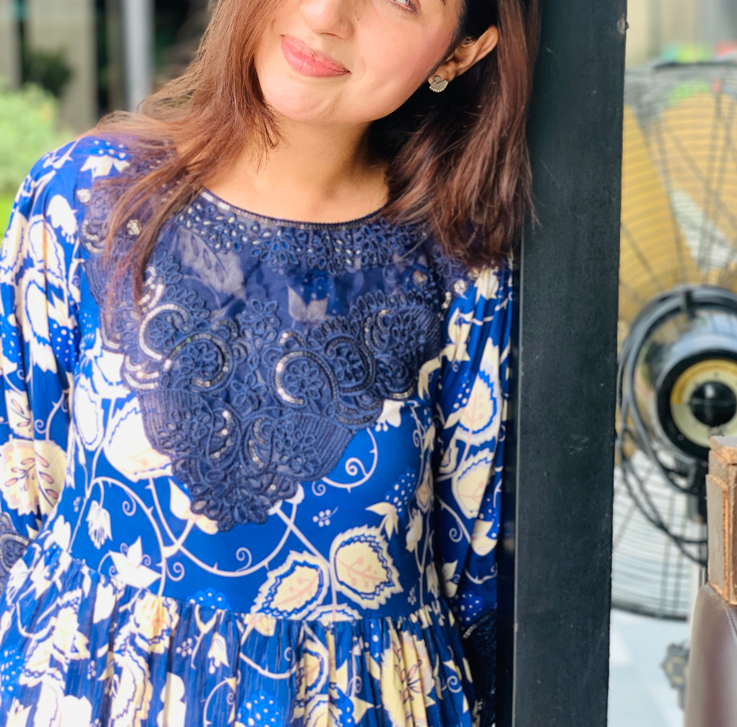 Blue Floral Printed Maxi Dress One Piece