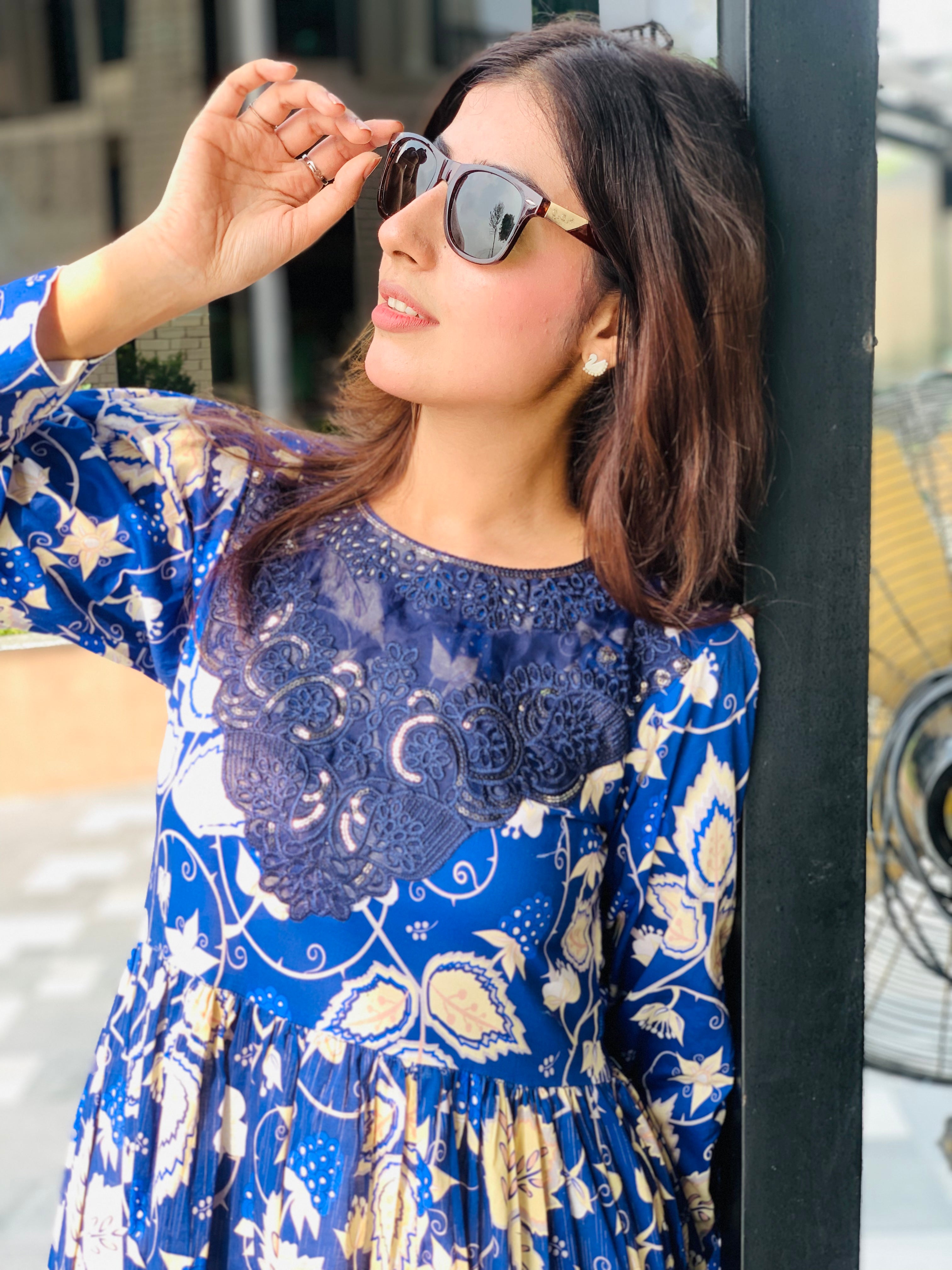 Blue Floral Printed Maxi Dress One Piece