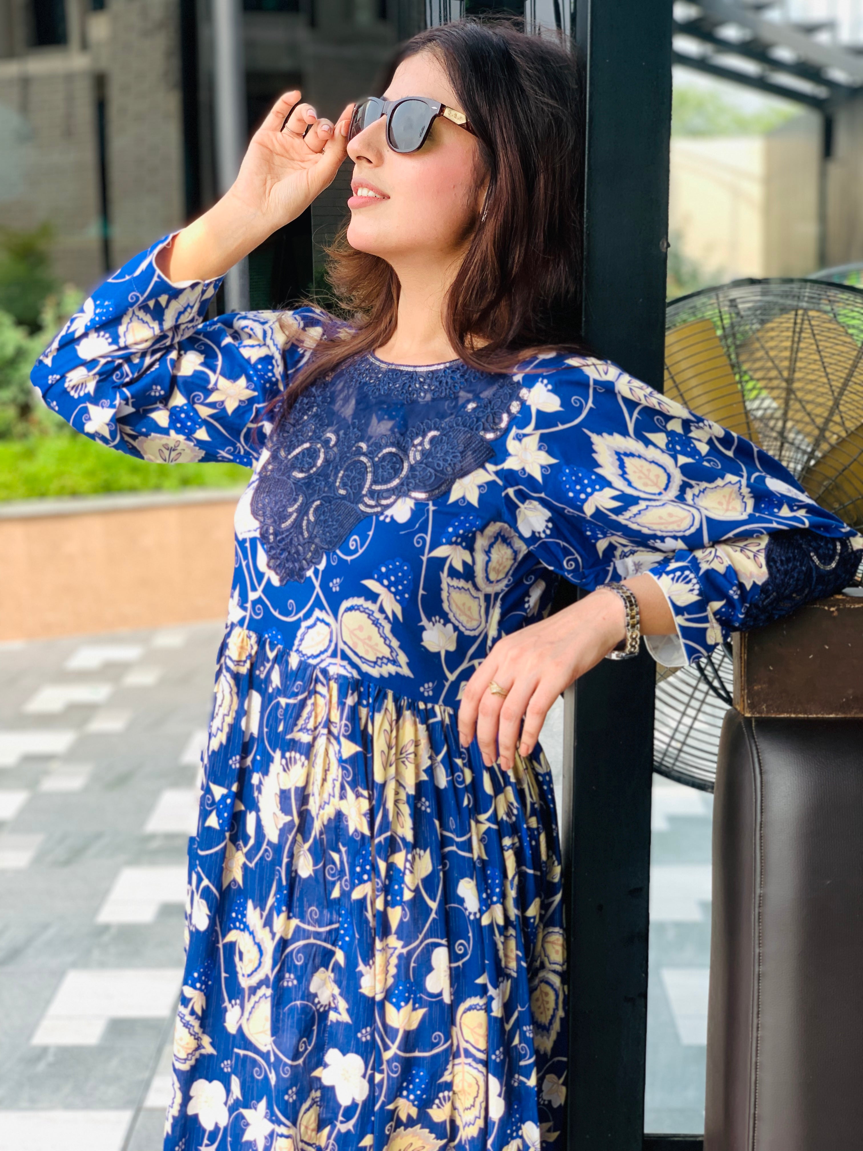 Blue Floral Printed Maxi Dress One Piece