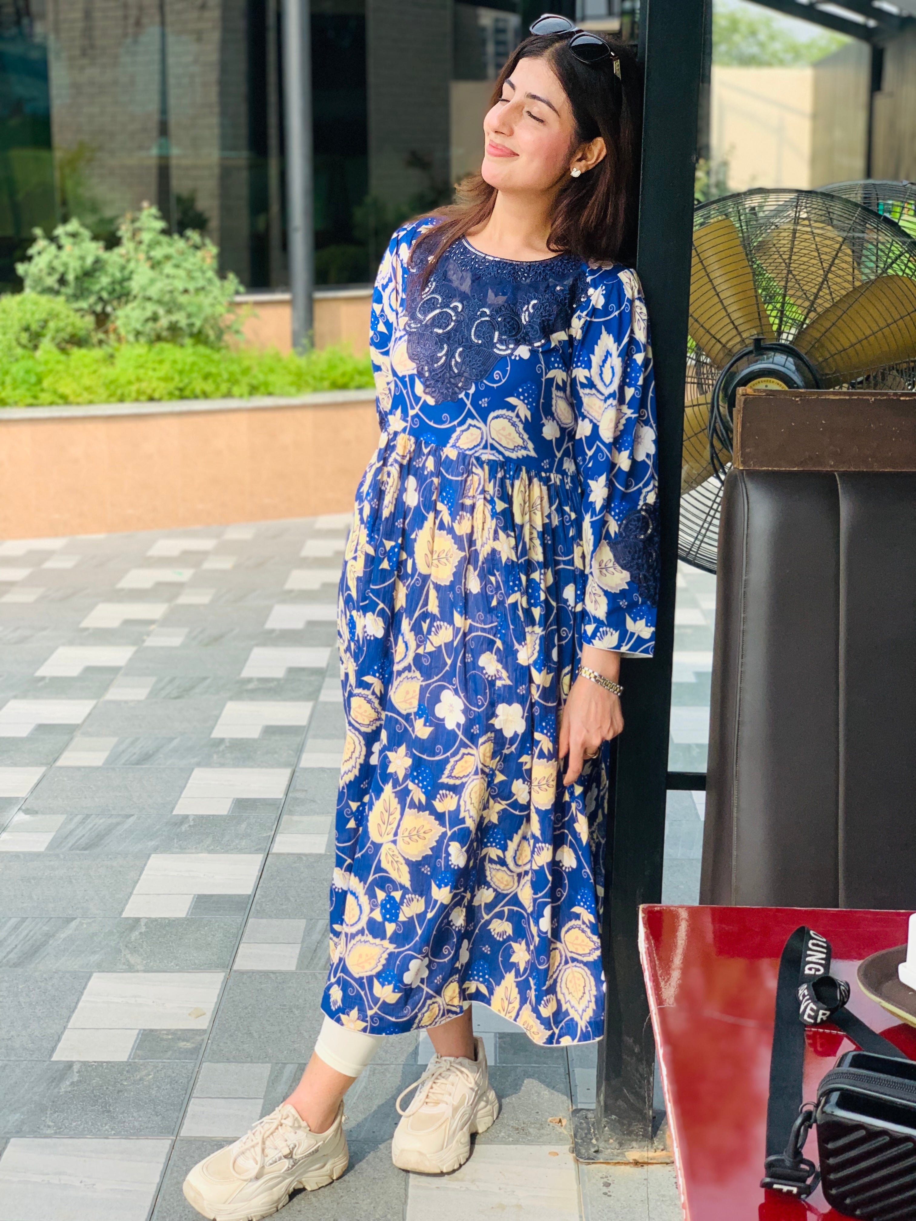 Blue Floral Printed Maxi Dress One Piece