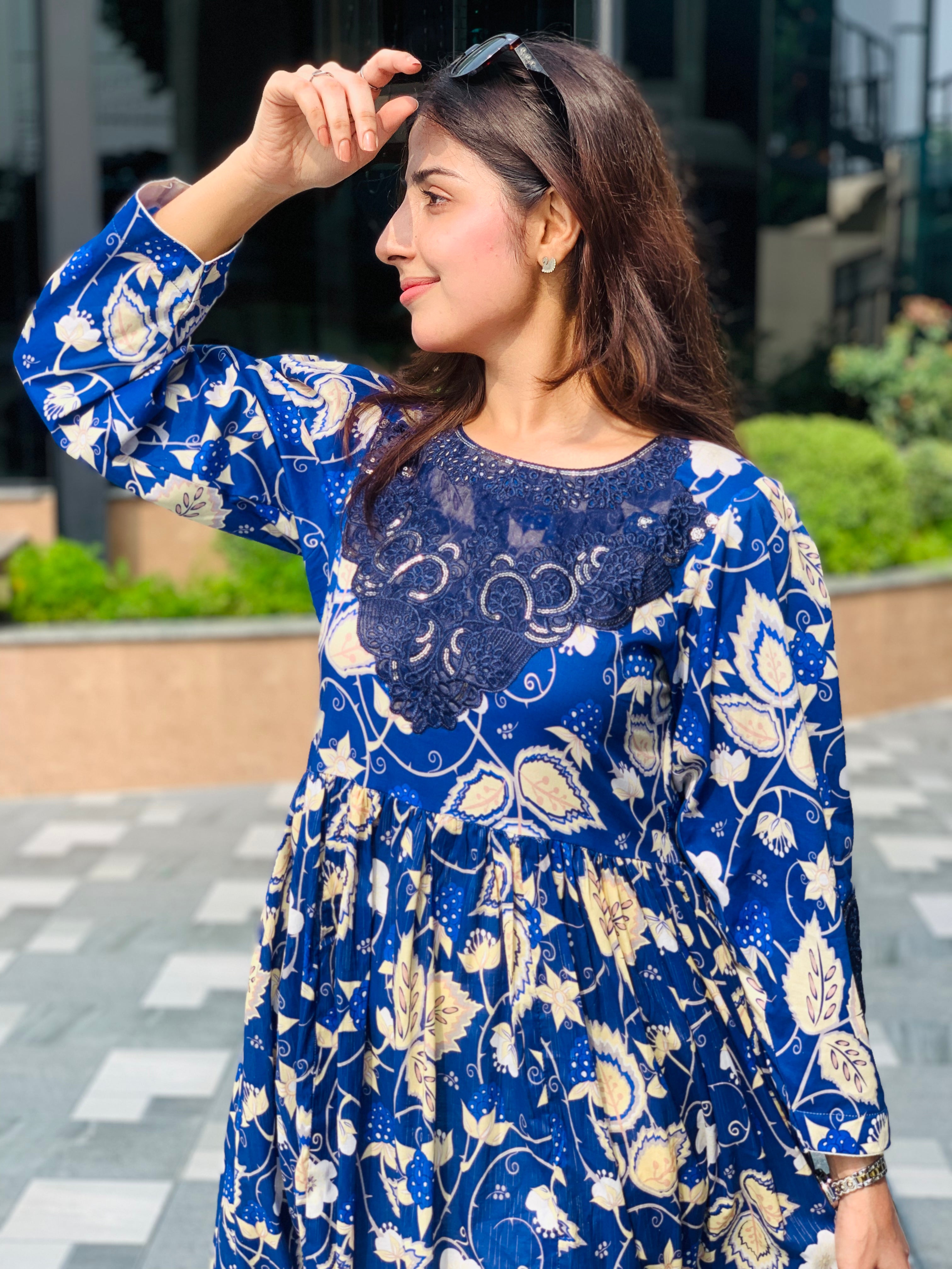 Blue Floral Printed Maxi Dress One Piece