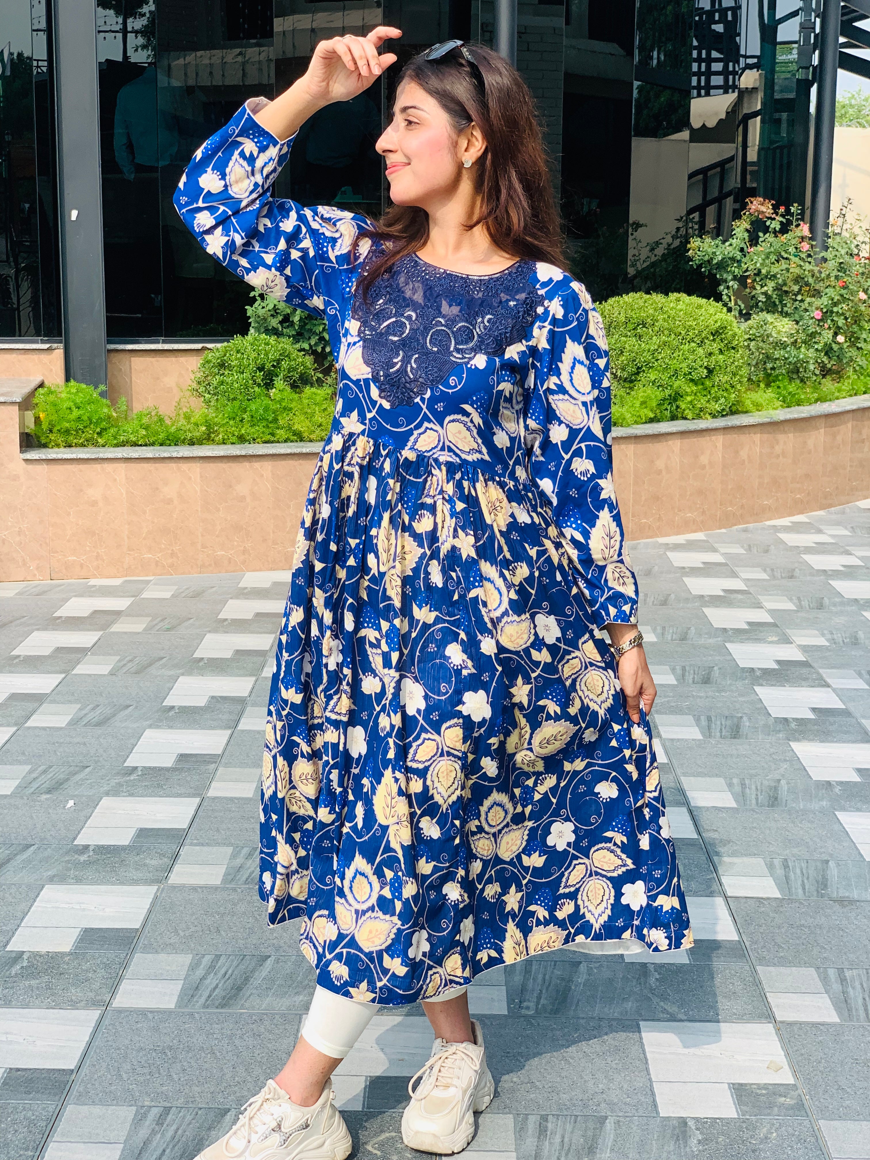 Blue Floral Printed Maxi Dress One Piece