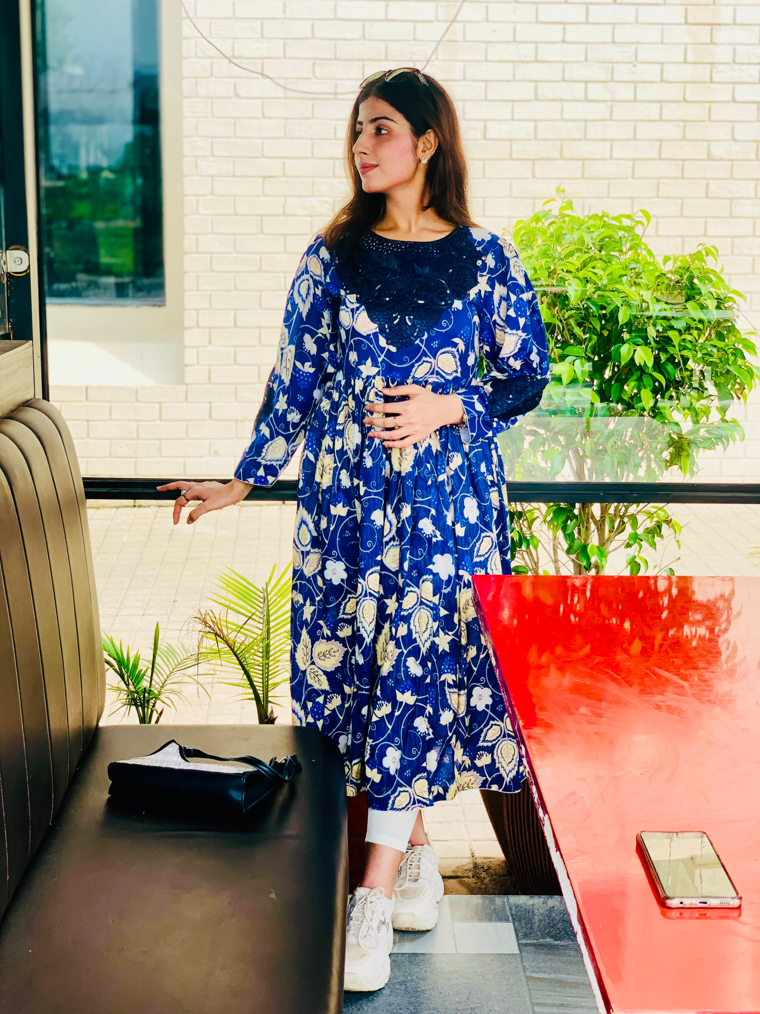 Blue Floral Printed Maxi Dress One Piece