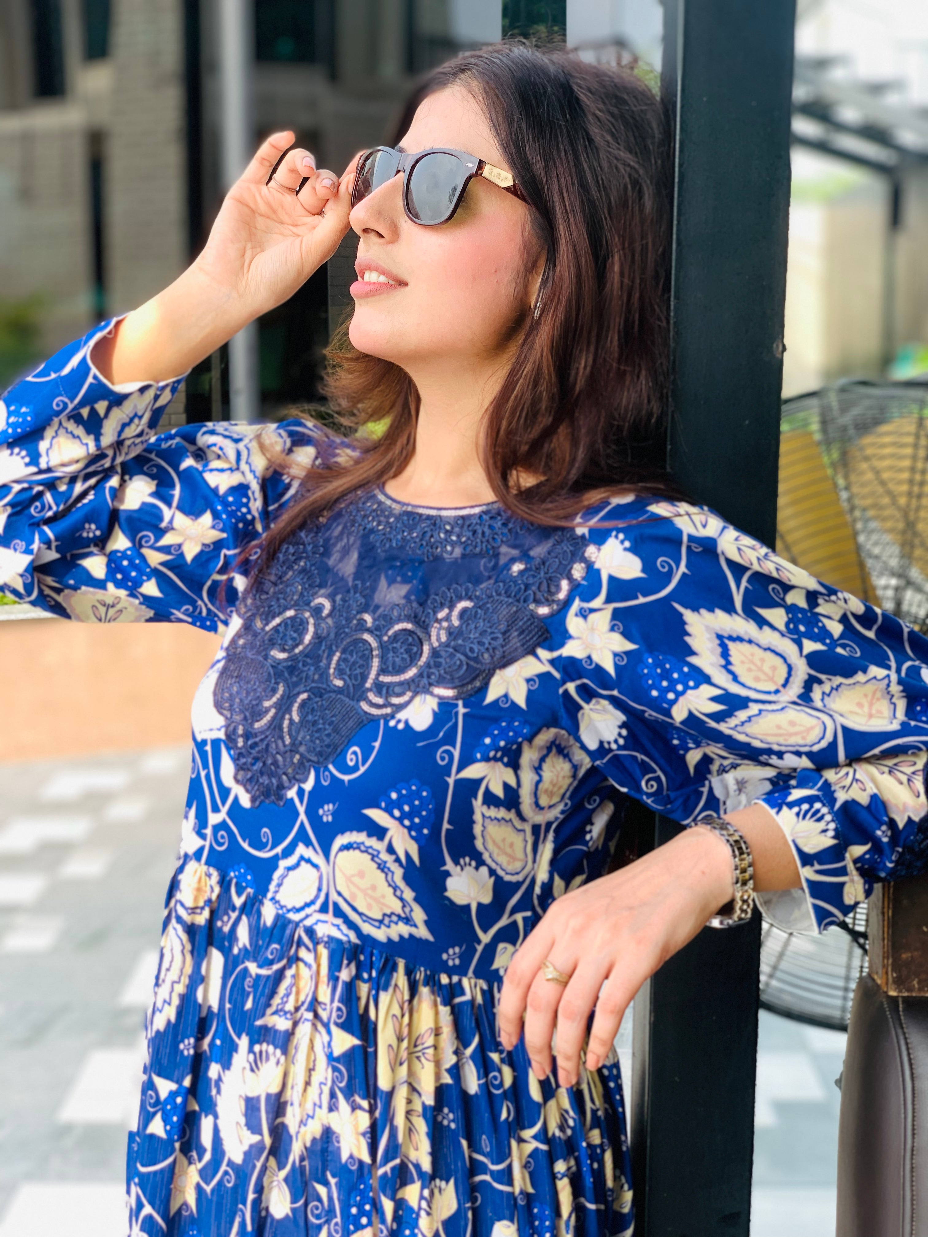 Blue Floral Printed Maxi Dress One Piece