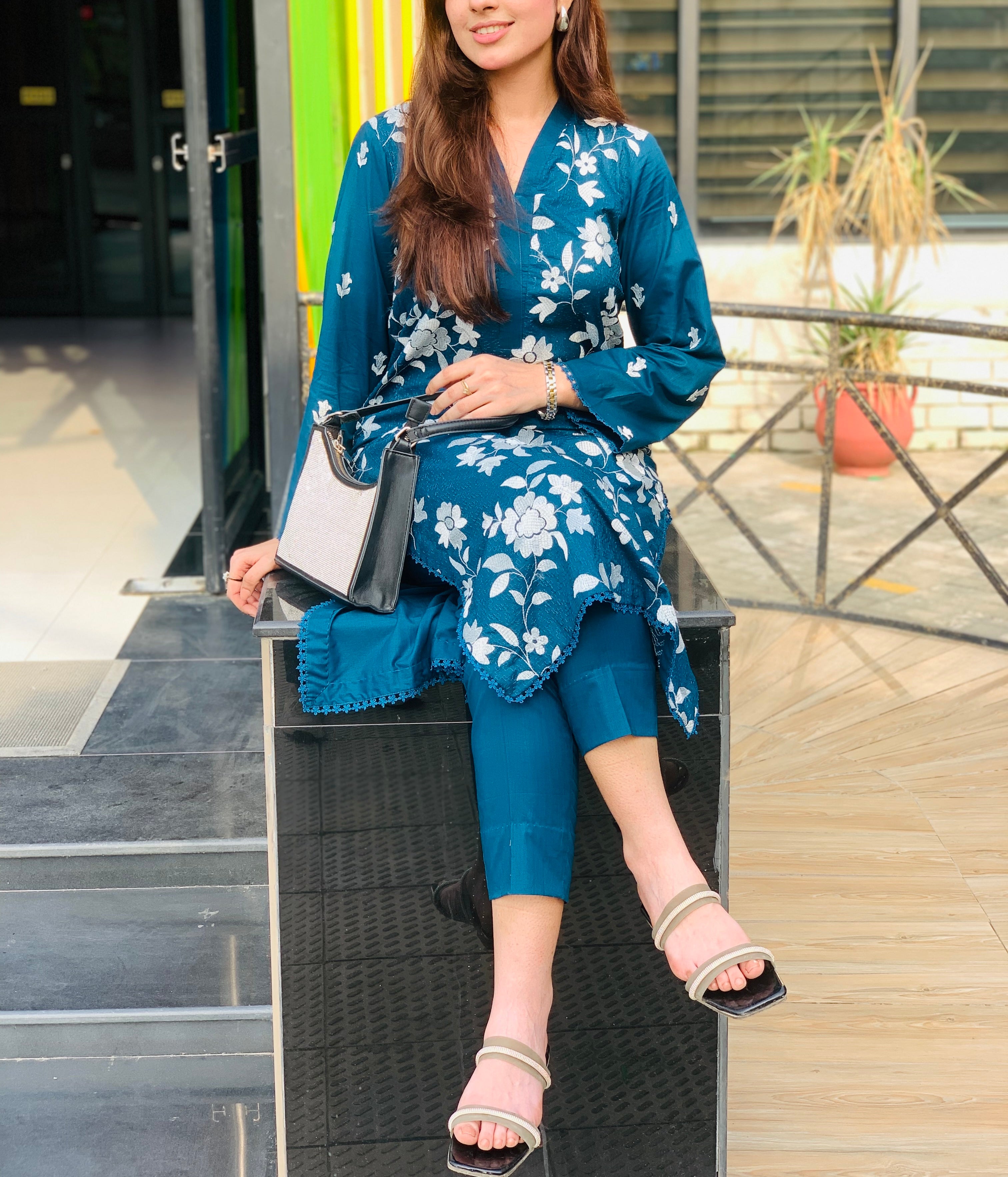 Teal Blue Floral Printed Suit Two piece