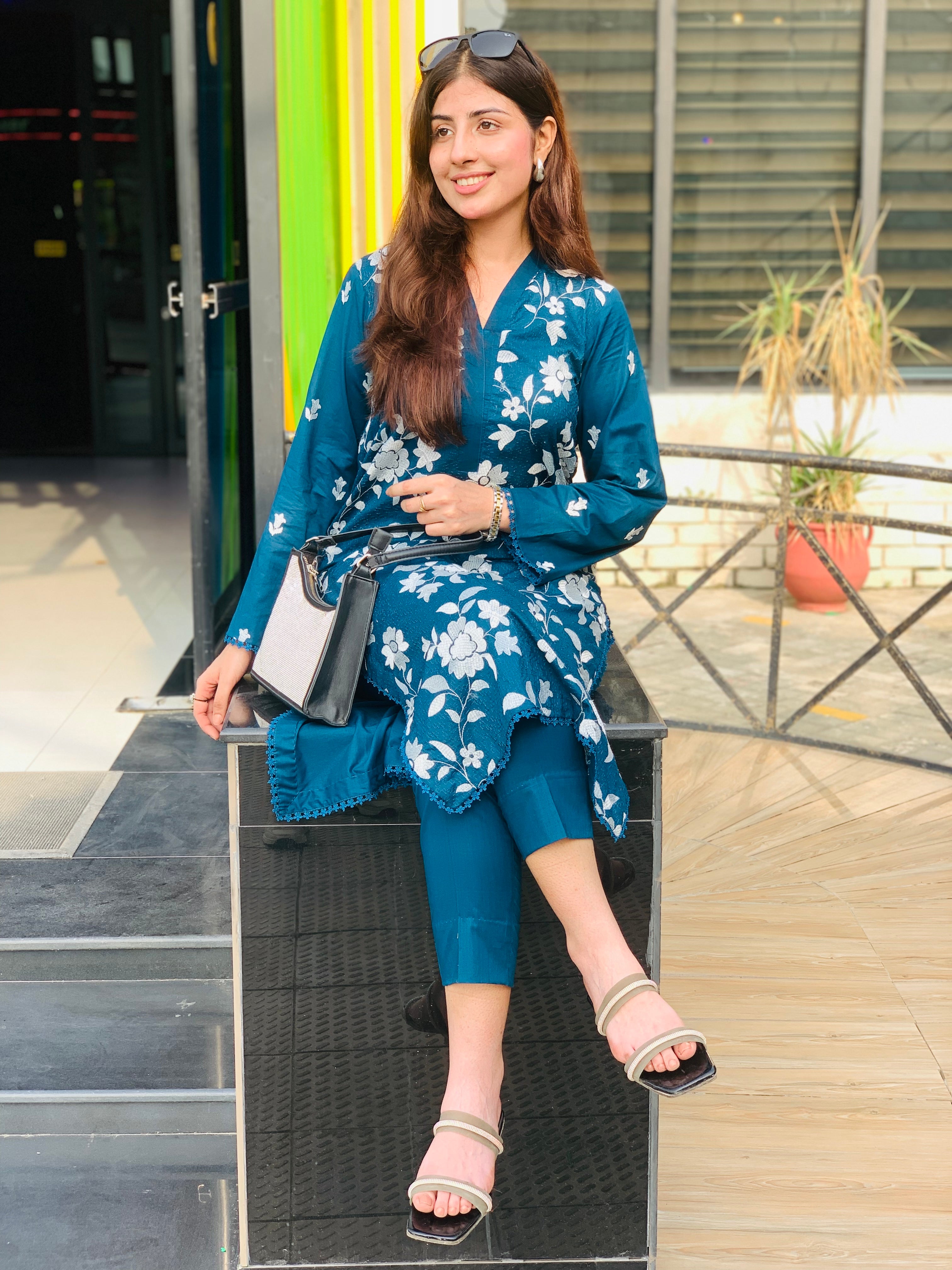 Teal Blue Floral Printed Suit Two piece