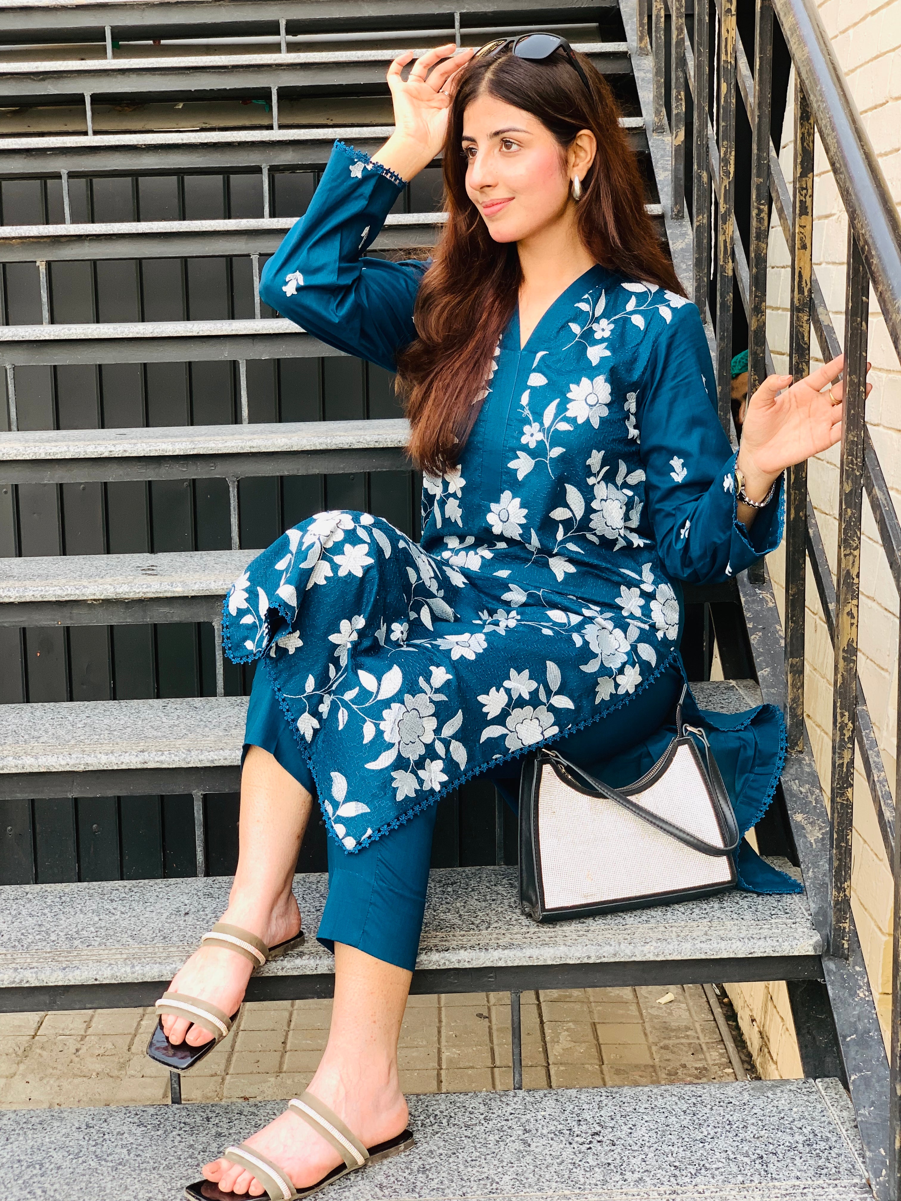 Teal Blue Floral Printed Suit Two piece