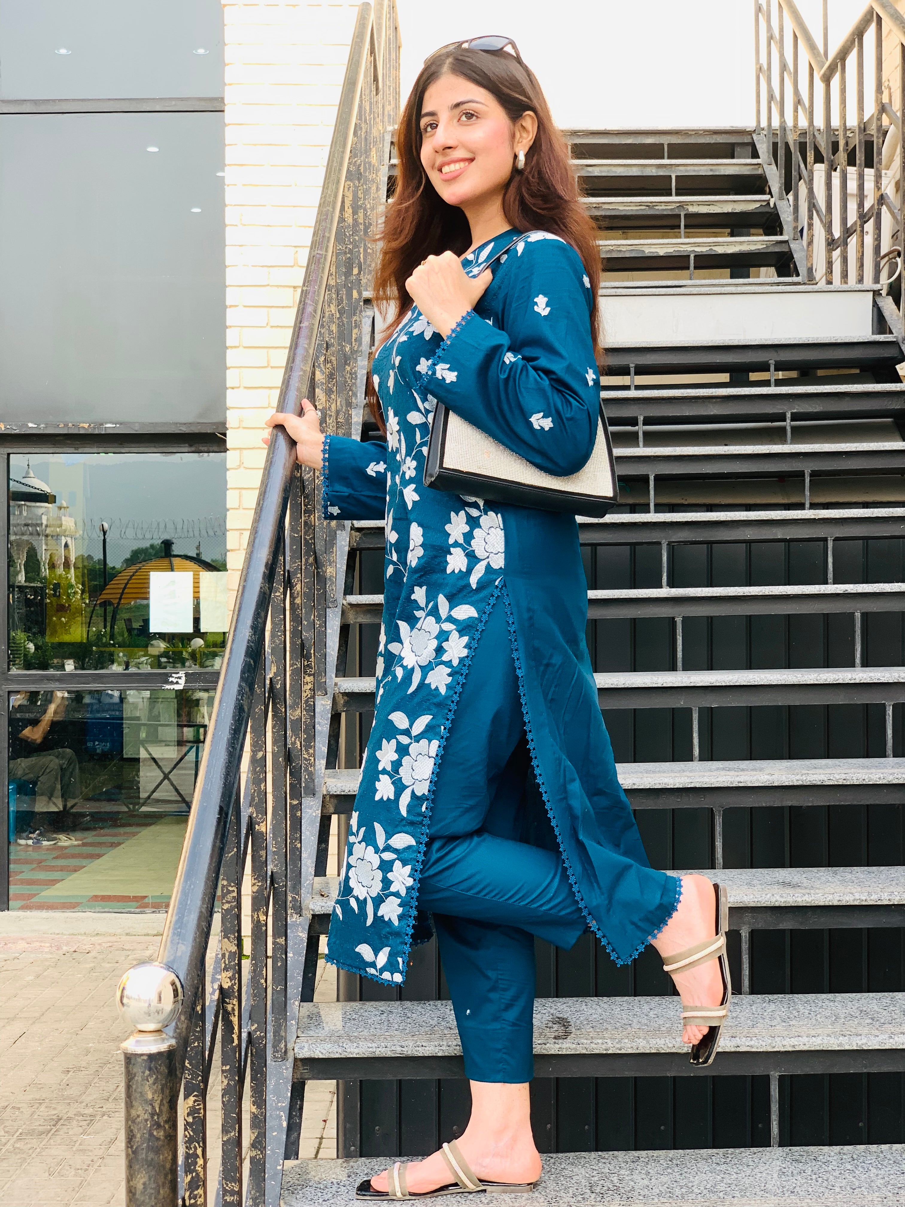 Teal Blue Floral Printed Suit Two piece