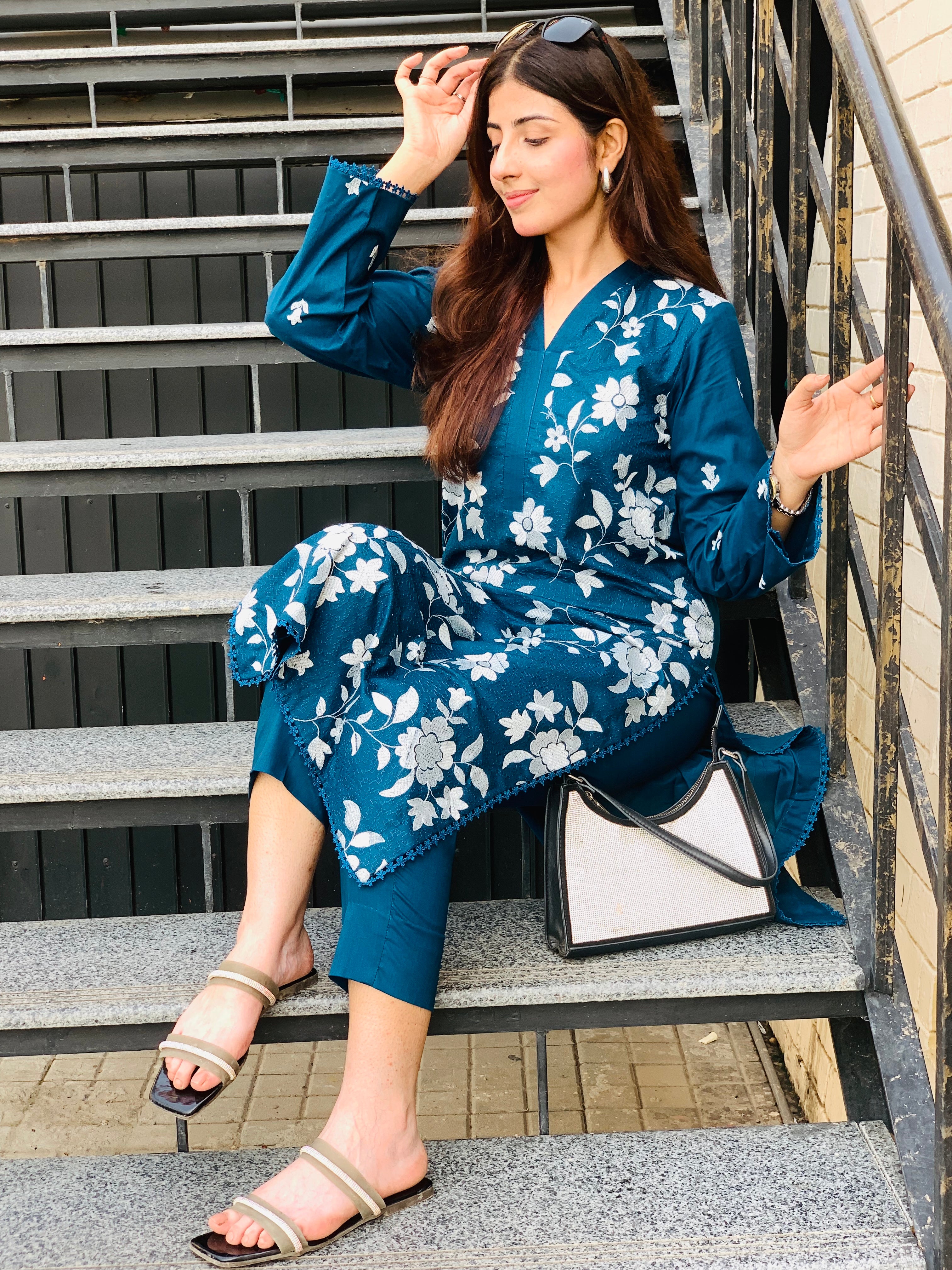 Teal Blue Floral Printed Suit Two piece