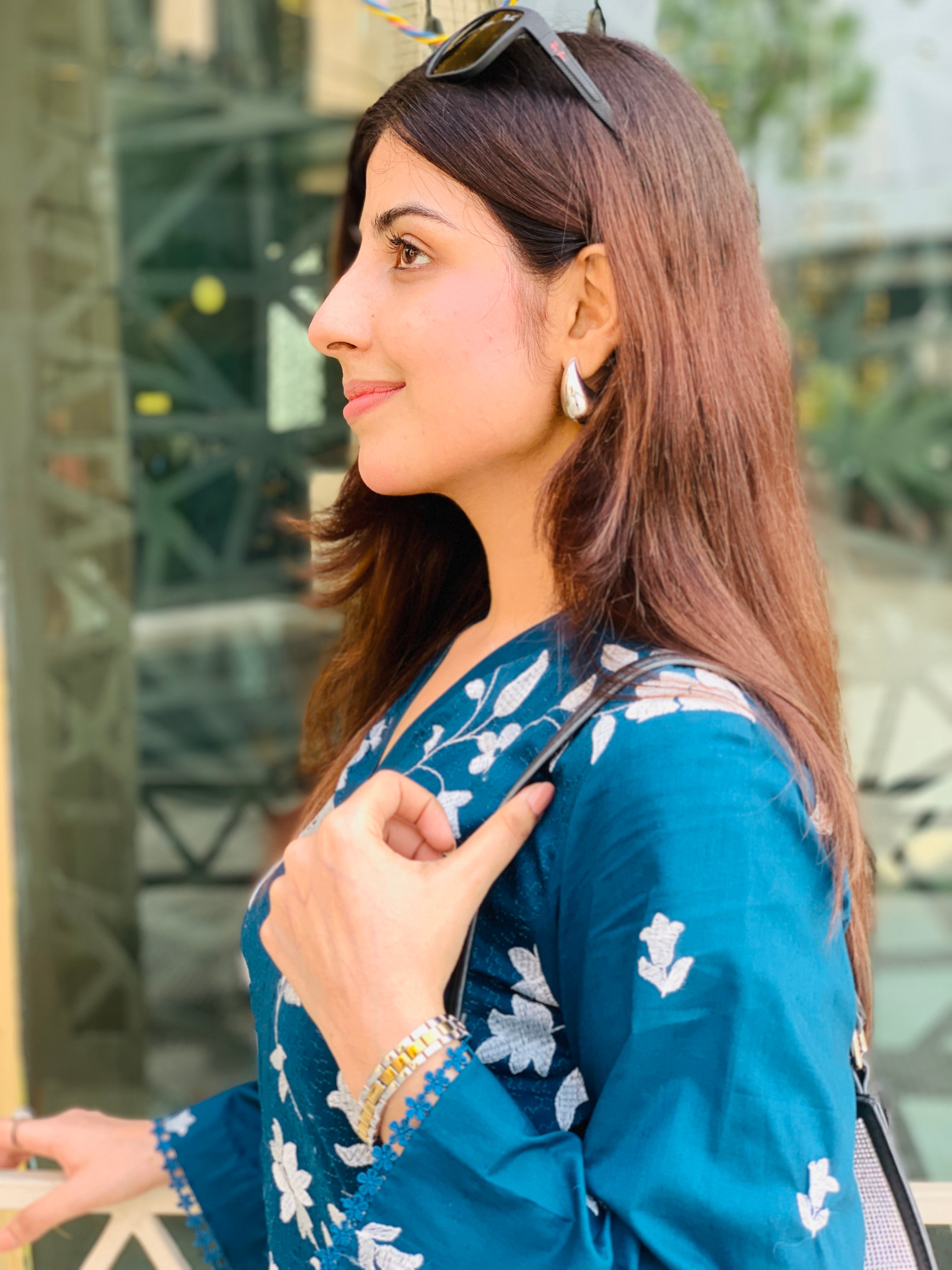 Teal Blue Floral Printed Suit Two piece