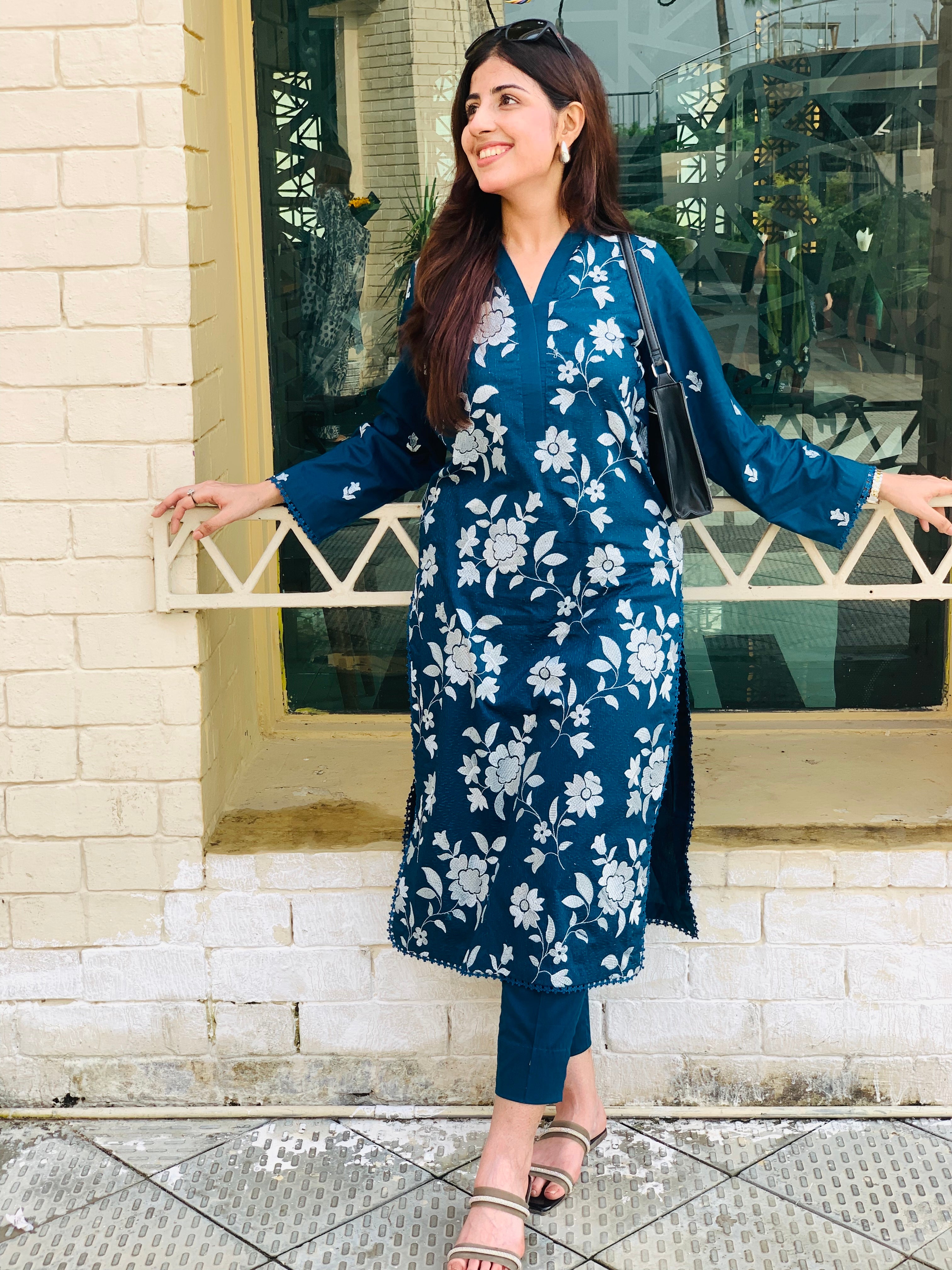 Teal Blue Floral Printed Suit Two piece