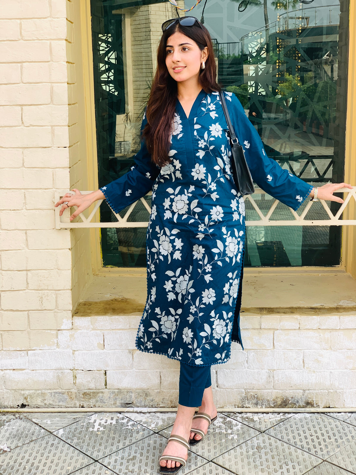 Teal Blue Floral Printed Suit Two piece