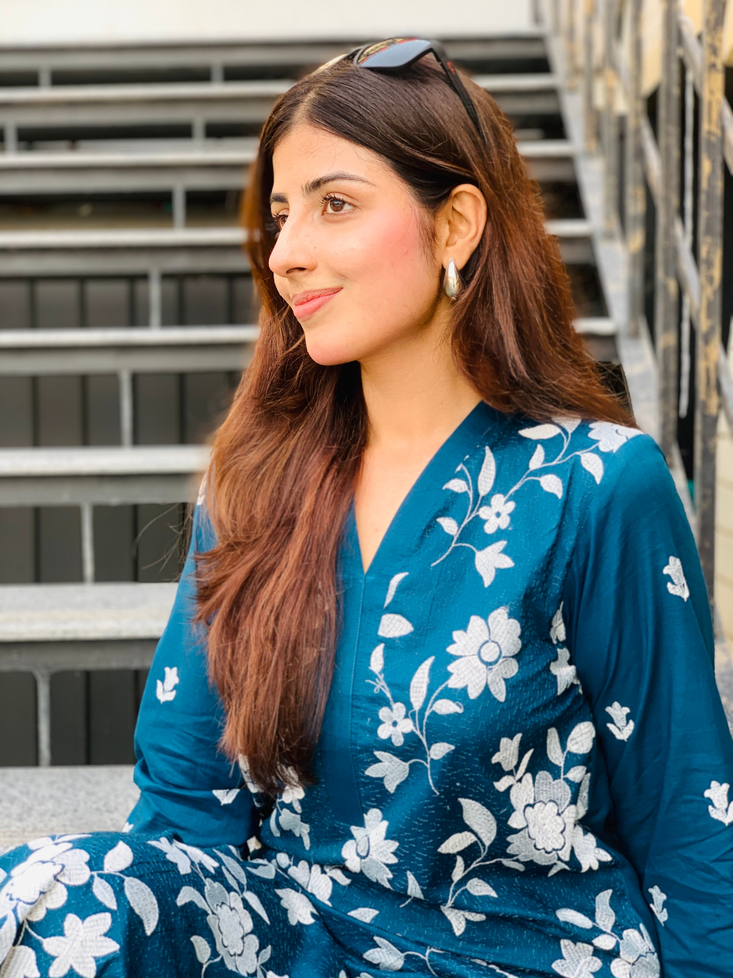 Teal Blue Floral Printed Suit Two piece