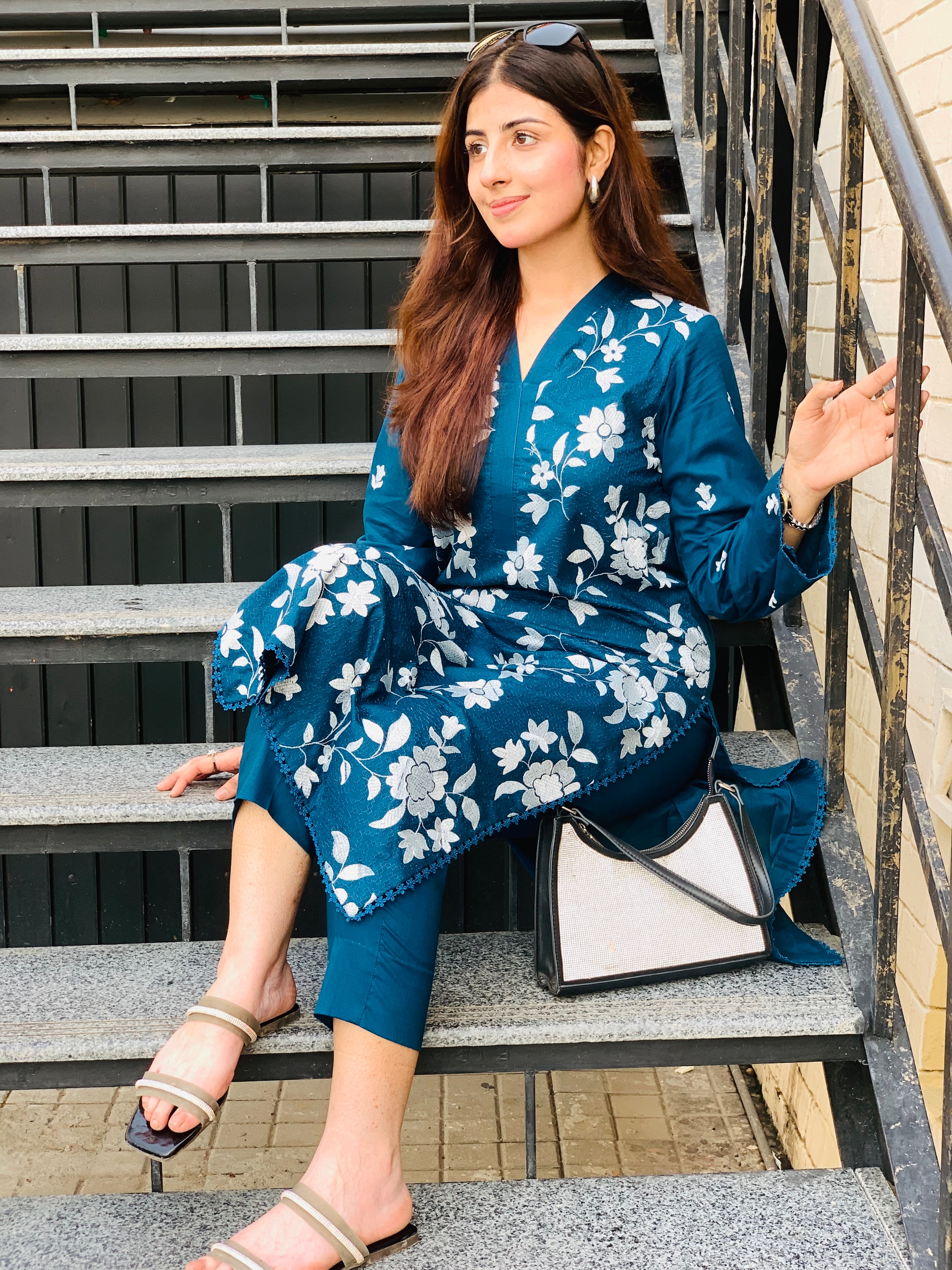 Teal Blue Floral Printed Suit Two piece