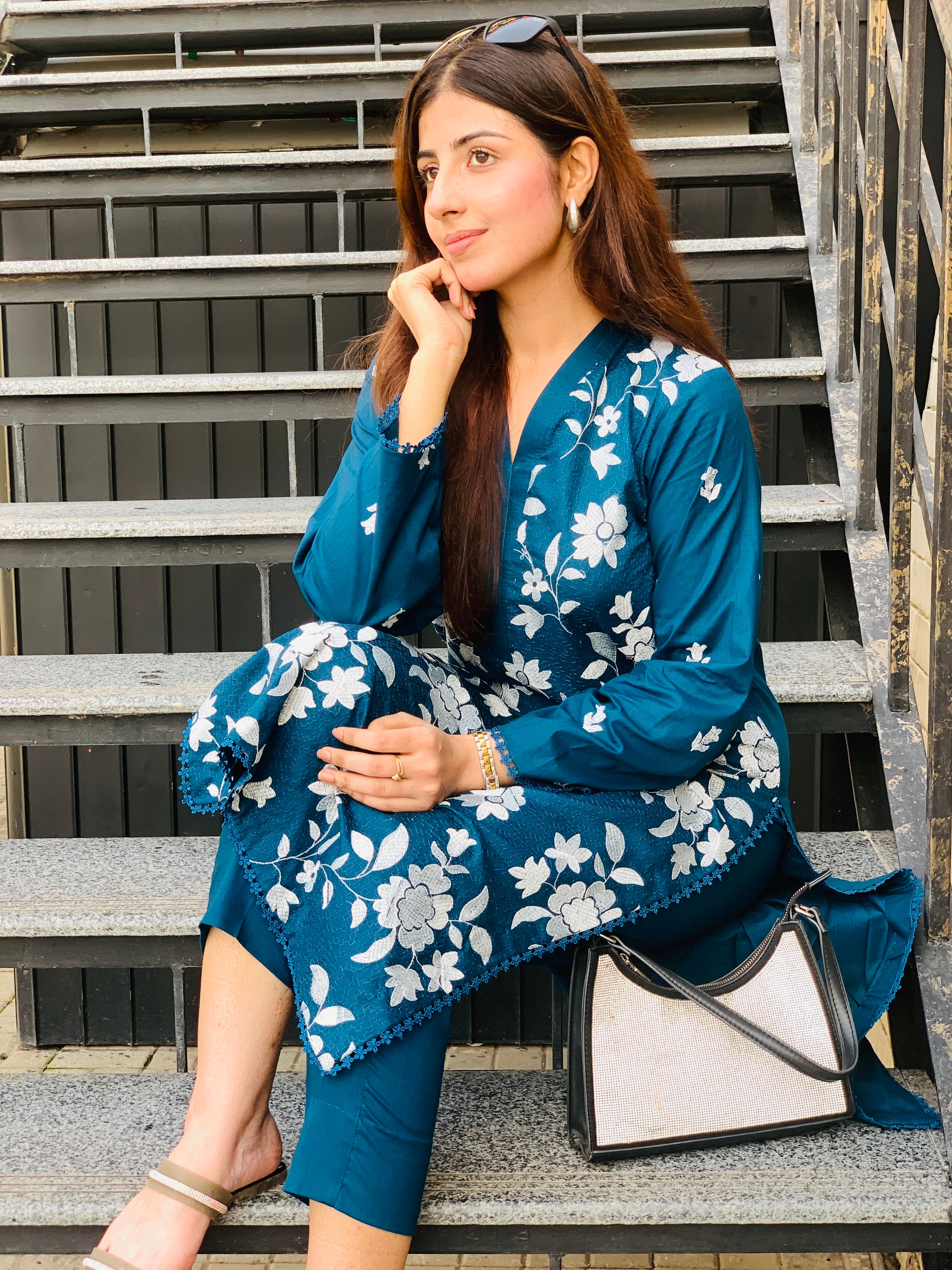Teal Blue Floral Printed Suit Two piece