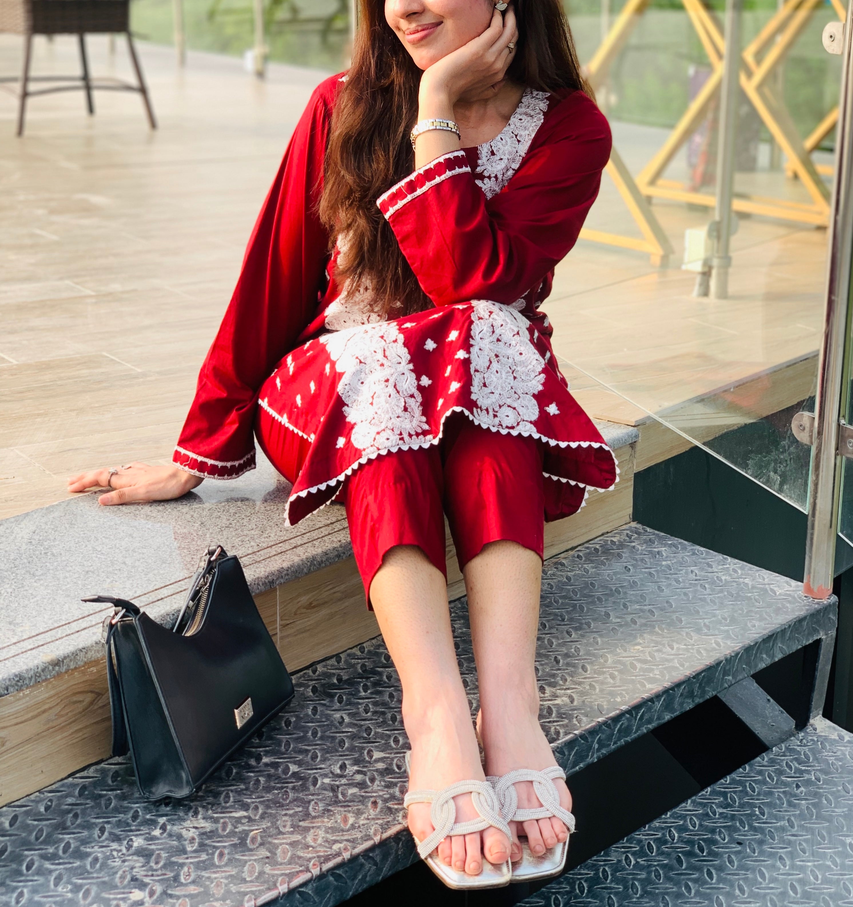 Red Embroidered Suit with White Detailing Two Piece