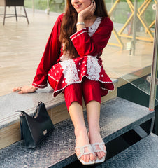 Red Embroidered Suit with White Detailing Two Piece