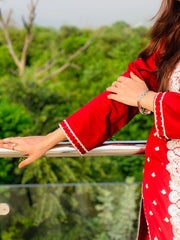 Red Embroidered Suit with White Detailing Two Piece